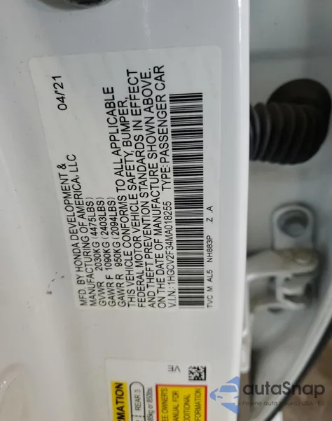 2021 Honda Accord Sport из США, поврежденный, VIN 1HGCV2F34MA018255